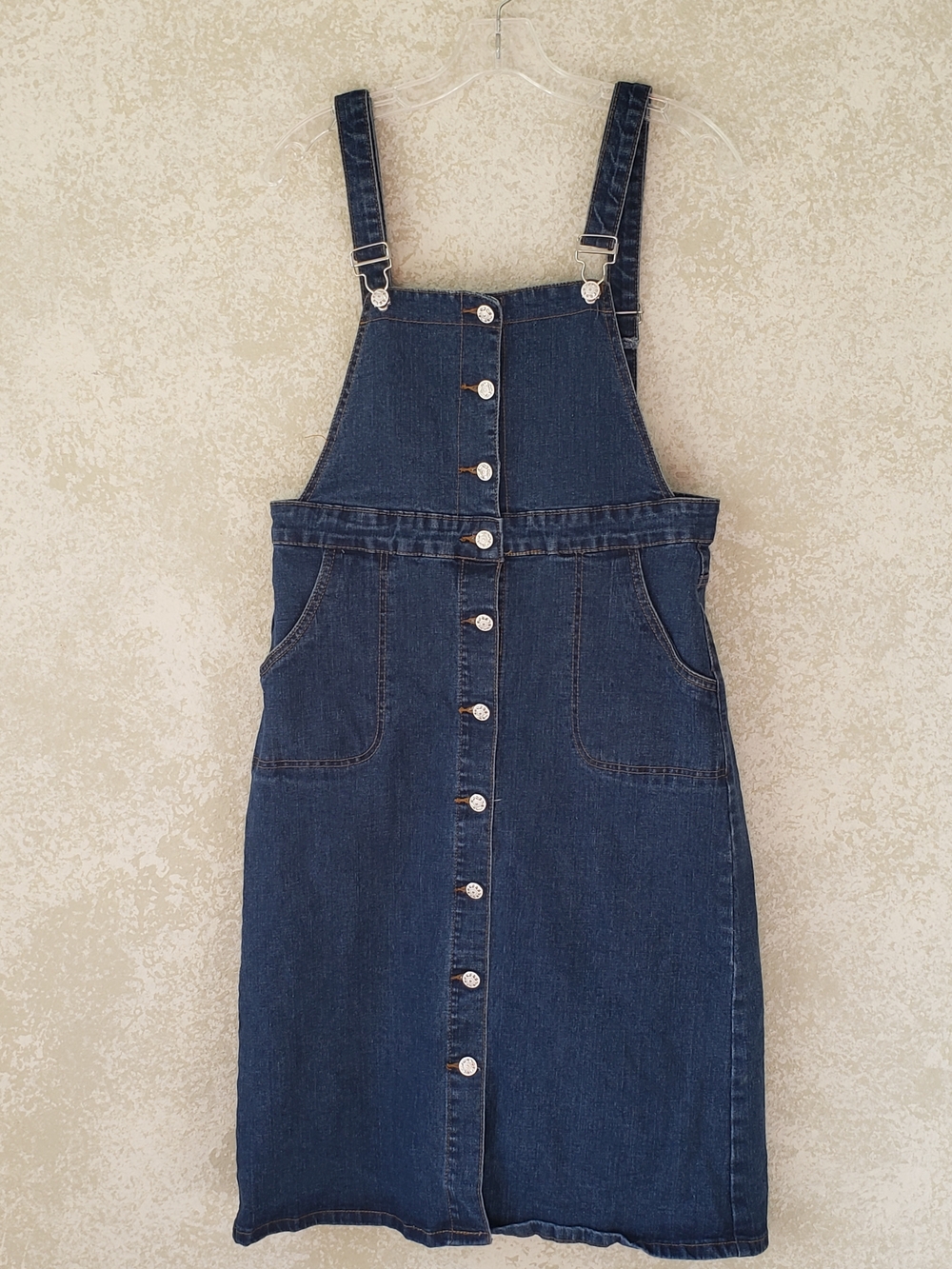 Women's Medium Dark Blue Denim Button-Front Pinafore Dress